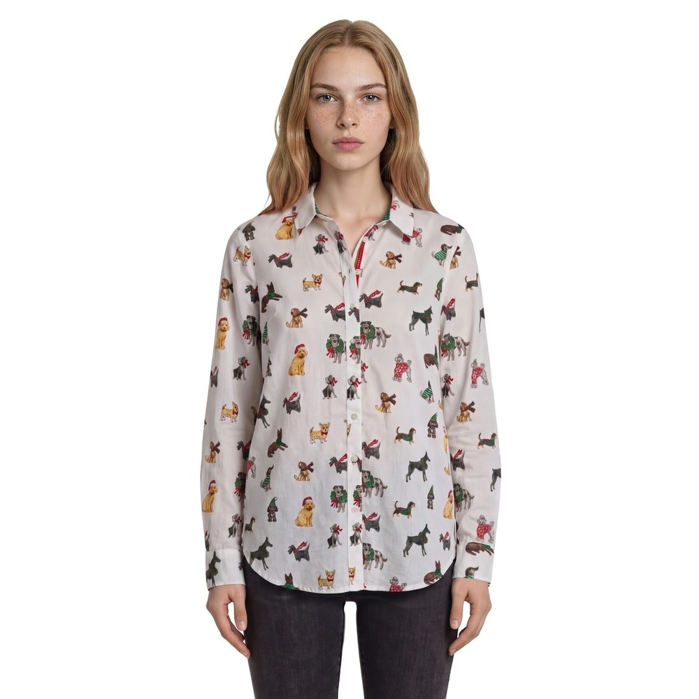 NEW Talbots Button Up Shirt Blouse Women's Size XL White Holiday Dog 100% Cotton
